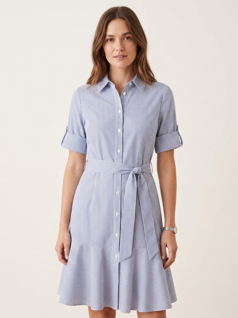 Antonio Melani White And Navy Striped Midi Shirt Dress Classic Nautical Belted